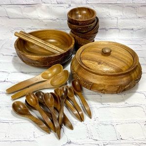 25 Piece MCM Monkey Pod Acacia Wood Soup & Salad Set Bowls Plates Utensils Tiki